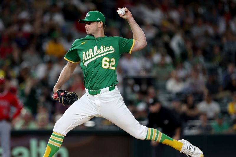 May 19, 2025; West Sacramento, California, USA; Athletics pitcher Matt Krook (62) throws a pitch against the Los Angeles Angels during the seventh inning at Sutter Health Park. Mandatory Credit: Dennis Lee-Imagn Images