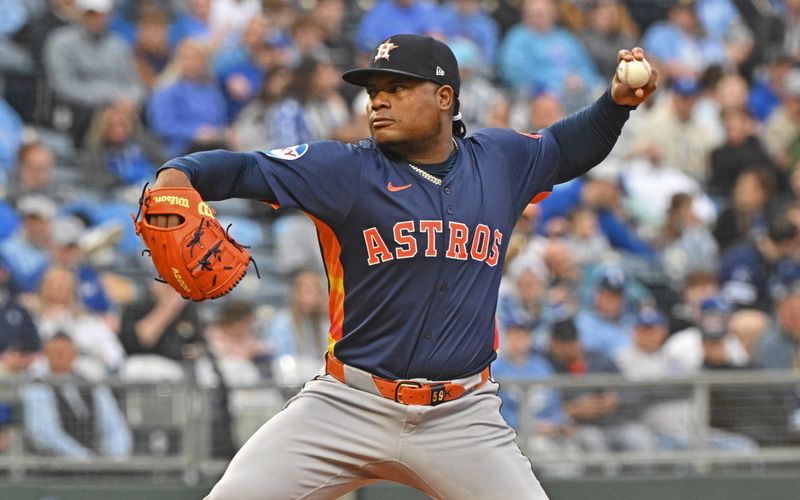 Apr 26, 2025; Kansas City, Missouri, USA;  Houston Astros starting pitcher Framber Valdez (59) throws a pitch in the first inning against the Kansas City Royals at Kauffman Stadium. Mandatory Credit: Peter Aiken-Imagn Images