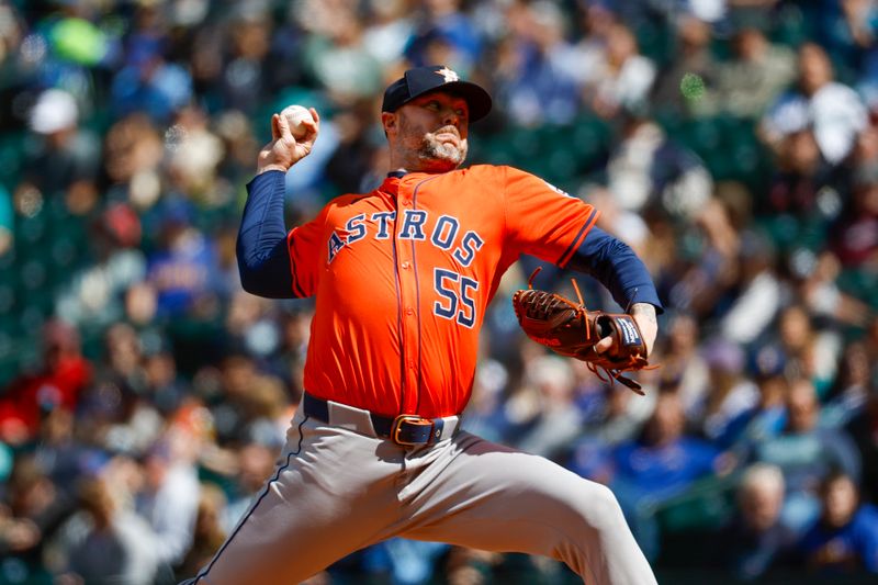 May 30, 2024; Seattle, Washington, USA; Houston Astros relief pitcher Ryan Pressly (55) throws against the Seattle Mariners during the eighth inning at T-Mobile Park. Mandatory Credit: Joe Nicholson-USA TODAY Sports