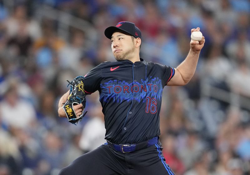 Jun 28, 2024; Toronto, Ontario, CAN; Toronto Blue Jays starting pitcher Yusei Kikuchi (16) throws a pitch against the New York Yankees during the first inning at Rogers Centre. Mandatory Credit: Nick Turchiaro-USA TODAY Sports