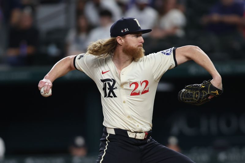 Aug 30, 2024; Arlington, Texas, USA; Texas Rangers pitcher Jon Gray (22) throws a pitch in the first inning against the Oakland Athletics at Globe Life Field. Mandatory Credit: Tim Heitman-USA TODAY Sports