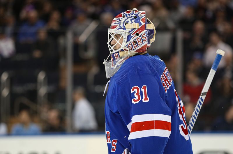 Mar 19, 2024; New York, New York, USA; New York Rangers goalie Igor Shesterkin (31) during the second period against the Winnipeg Jets at Madison Square Garden. Mandatory Credit: Danny Wild-USA TODAY Sports