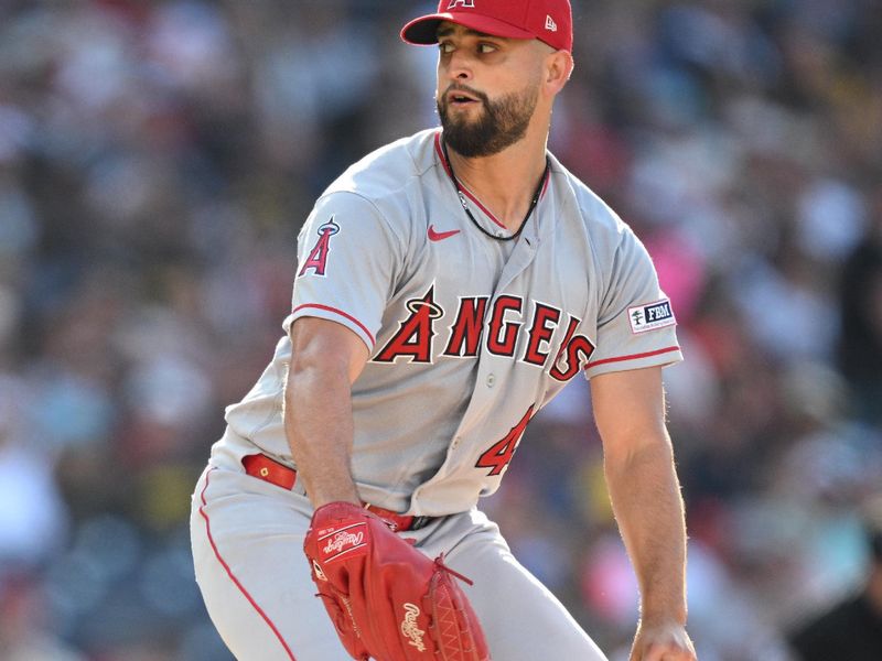 Jul 5, 2023; San Diego, California, USA; Los Angeles Angels starting pitcher Patrick Sandoval (43) throws a pitch against the San Diego Padres during the first inning at Petco Park. Mandatory Credit: Orlando Ramirez-USA TODAY Sports