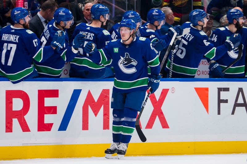 Nov 15, 2023; Vancouver, British Columbia, CAN; Vancouver Canucks forward Brock Boeser (6) celebrates his goal against the New York Islanders in the second period at Rogers Arena. Mandatory Credit: Bob Frid-USA TODAY Sports