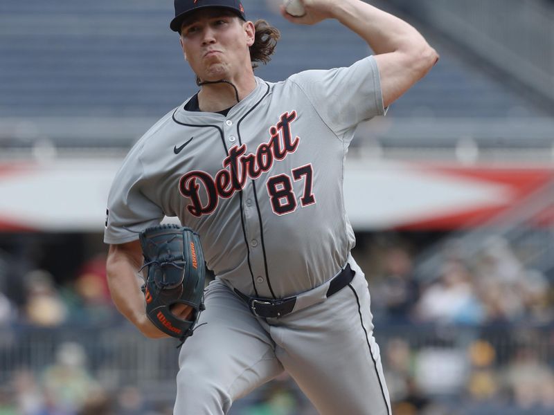 Apr 9, 2024; Pittsburgh, Pennsylvania, USA;  Detroit Tigers relief pitcher Tyler Holton (87) throws against the Pittsburgh Pirates during the sixth inning at PNC Park. Mandatory Credit: Charles LeClaire-USA TODAY Sports