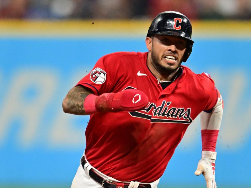 Sep 1, 2023; Cleveland, Ohio, USA; Cleveland Guardians shortstop Gabriel Arias (13) rounds third base en route to scoring during the seventh inning against the Tampa Bay Rays at Progressive Field. Mandatory Credit: Ken Blaze-USA TODAY Sports