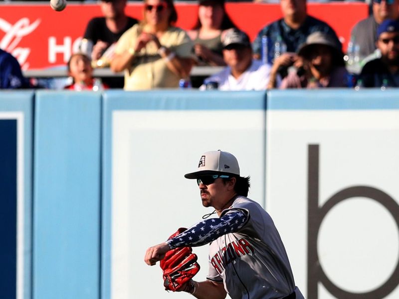 Jul 4, 2024; Los Angeles, California, USA; Arizona Diamondbacks outfielder Corbin Carroll (7) throws to the infield during the first inning against the Los Angeles Dodgers at Dodger Stadium. Mandatory Credit: Jason Parkhurst-USA TODAY Sports