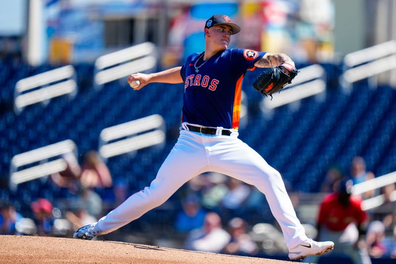 Mar 1, 2023; West Palm Beach, Florida, USA; Houston Astros starting pitcher Hunter Brown (58) throws a pitch against the Boston Red Sox during the first inning at The Ballpark of the Palm Beaches. Mandatory Credit: Rich Storry-USA TODAY Sports