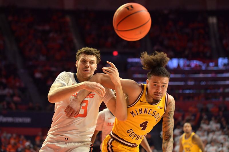 Feb 20, 2023; Champaign, Illinois, USA;  Illinois Fighting Illini forward Coleman Hawkins (33) and Minnesota Golden Gophers guard Braeden Carrington (4) wrestle for a loose ball during the second half at State Farm Center. Mandatory Credit: Ron Johnson-USA TODAY Sports