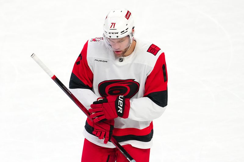 Oct 20, 2025; Las Vegas, Nevada, USA; Carolina Hurricanes left wing Taylor Hall (71) skates off the ice after the Vegas Golden Knights defeated the Hurricanes 4-1 at T-Mobile Arena. Mandatory Credit: Stephen R. Sylvanie-Imagn Images