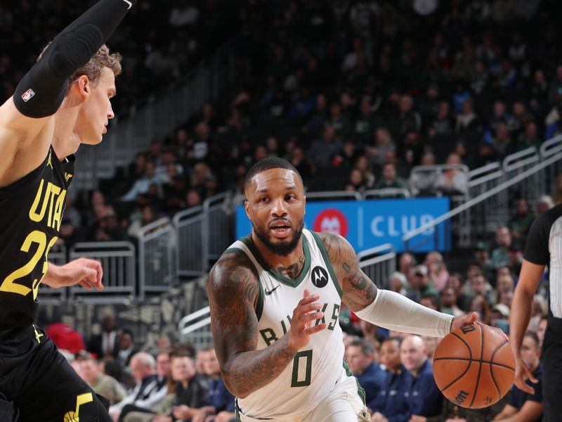 MILWAUKEE, WI - NOVEMBER 7: Damian Lillard #0 of the Milwaukee Bucks drives to the basket during the game against the Utah Jazz on November 7, 2024 at Fiserv Forum Center in Milwaukee, Wisconsin. NOTE TO USER: User expressly acknowledges and agrees that, by downloading and or using this Photograph, user is consenting to the terms and conditions of the Getty Images License Agreement. Mandatory Copyright Notice: Copyright 2024 NBAE (Photo by Gary Dineen/NBAE via Getty Images).