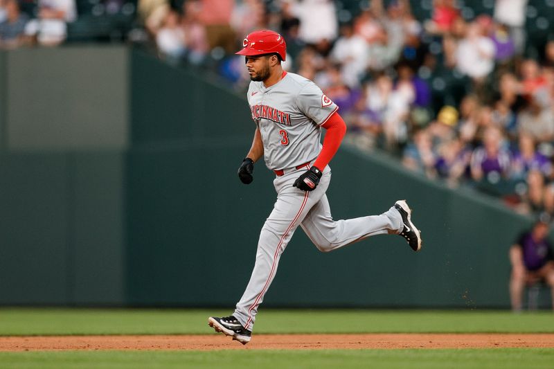 Jun 3, 2024; Denver, Colorado, USA; Cincinnati Reds third baseman Jeimer Candelario (3) rounds the bases on a two run home run in the third inning against the Colorado Rockies at Coors Field. Mandatory Credit: Isaiah J. Downing-USA TODAY Sports