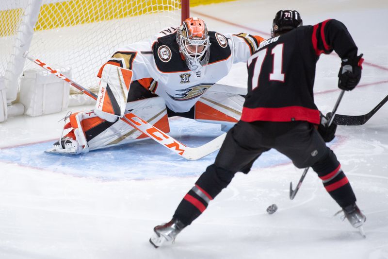 Feb 15, 2024; Ottawa, Ontario, CAN; Ottawa Senators center Ridly Greig (71) sets up a shot on Anaheim Ducks goalie Lukas Dostal (1) in the third period at the Canadian Tire Centre. Mandatory Credit: Marc DesRosiers-USA TODAY Sports