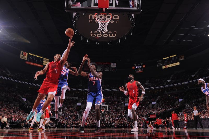 PORTLAND, OR - JANUARY 29: Malcolm Brogdon #11 of the Portland Trail Blazers shoots the ball during the game against the Philadelphia 76ers on January 29, 2024 at the Moda Center Arena in Portland, Oregon. NOTE TO USER: User expressly acknowledges and agrees that, by downloading and or using this photograph, user is consenting to the terms and conditions of the Getty Images License Agreement. Mandatory Copyright Notice: Copyright 2024 NBAE (Photo by Cameron Browne/NBAE via Getty Images)