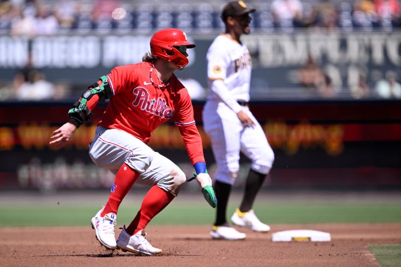 Sep 6, 2023; San Diego, California, USA; Philadelphia Phillies first baseman Bryce Harper (3) leads off second base during the first inning against the San Diego Padres at Petco Park. Mandatory Credit: Orlando Ramirez-USA TODAY Sports