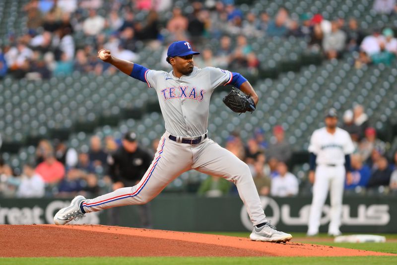 Sep 12, 2024; Seattle, Washington, USA; Texas Rangers starting pitcher Kumar Rocker (80) pitches to the Seattle Mariners during the first inning at T-Mobile Park. Mandatory Credit: Steven Bisig-Imagn Images