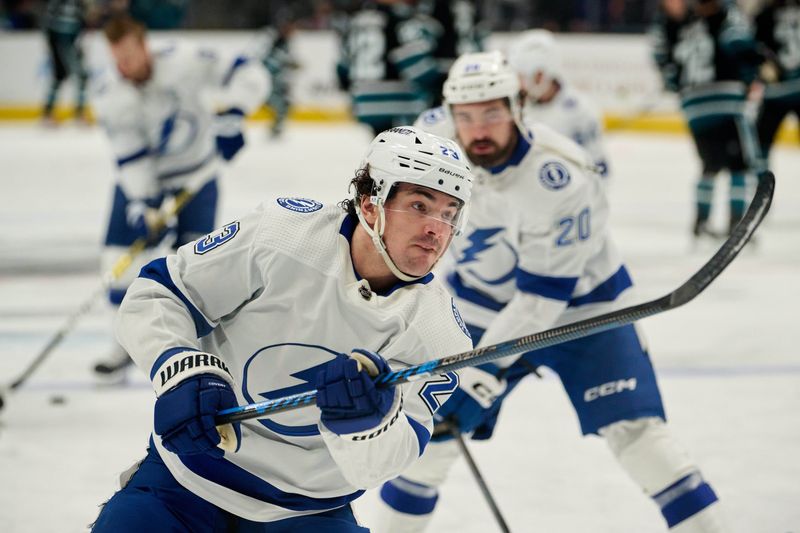 Mar 21, 2024; San Jose, California, USA; Tampa Bay Lightning center Michael Eyssimont (23) warms up before the game against the San Jose Sharks at SAP Center at San Jose. Mandatory Credit: Robert Edwards-USA TODAY Sports