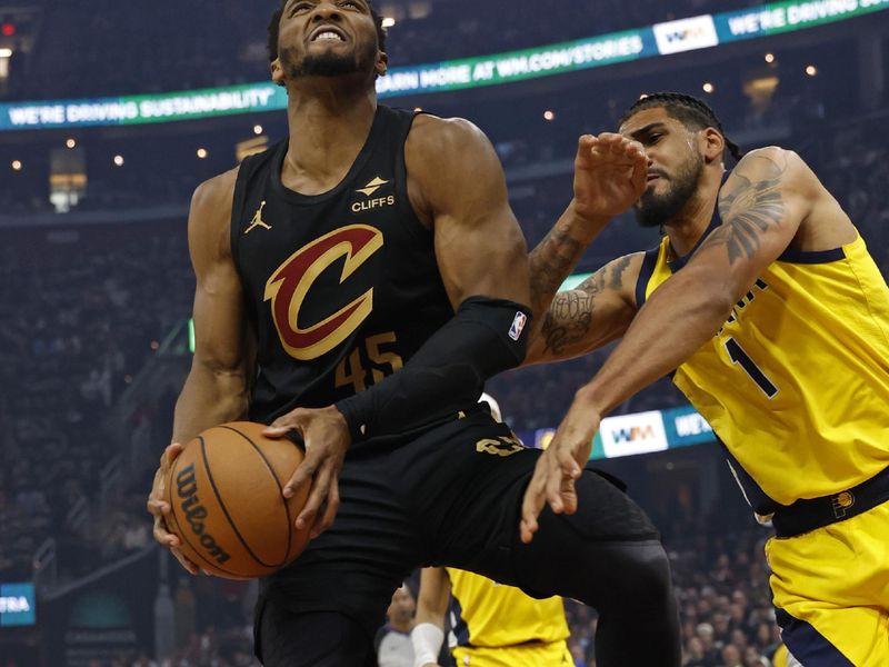 CLEVELAND, OH - MAY 13: Donovan Mitchell #45 of the Cleveland Cavaliers drives to the basket during the game against the Indiana Pacers during round 2 game 5 on May 13, 2025 at Rocket Mortgage FieldHouse in Cleveland, Ohio. NOTE TO USER: User expressly acknowledges and agrees that, by downloading and/or using this Photograph, user is consenting to the terms and conditions of the Getty Images License Agreement. Mandatory Copyright Notice: Copyright 2025 NBAE (Photo by  Lauren Leigh Bacho/NBAE via Getty Images)