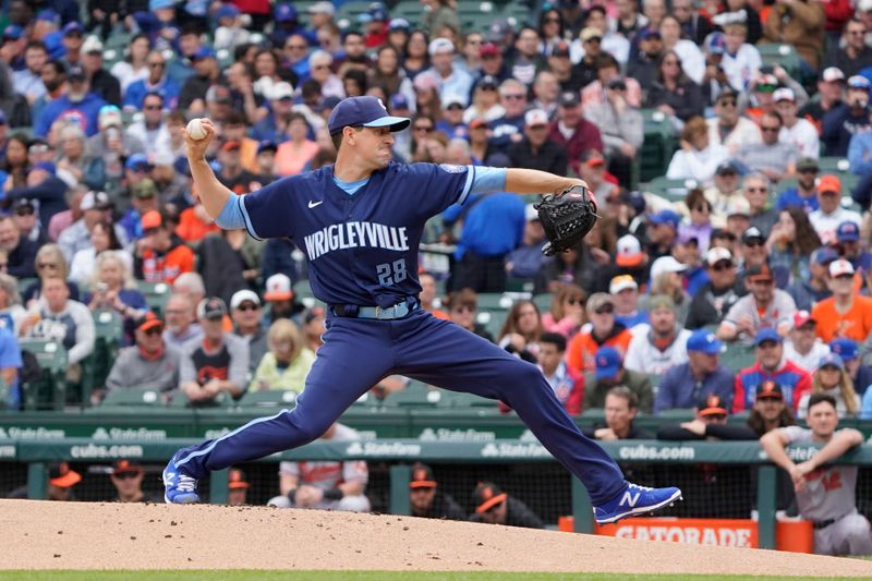 Jun 16, 2023; Chicago, Illinois, USA; Chicago Cubs starting pitcher Kyle Hendricks (28) throws the ball against the Baltimore Orioles during the first inning at Wrigley Field. Mandatory Credit: David Banks-USA TODAY Sports