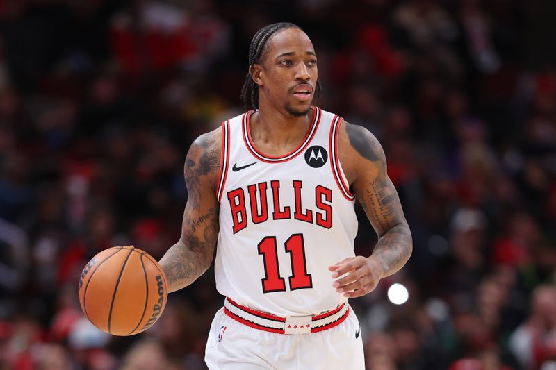 CHICAGO, ILLINOIS - DECEMBER 02: DeMar DeRozan #11 of the Chicago Bulls dribbles up the court against the New Orleans Pelicans during the first half at the United Center on December 02, 2023 in Chicago, Illinois. NOTE TO USER: User expressly acknowledges and agrees that, by downloading and or using this photograph, User is consenting to the terms and conditions of the Getty Images License Agreement.  (Photo by Michael Reaves/Getty Images)