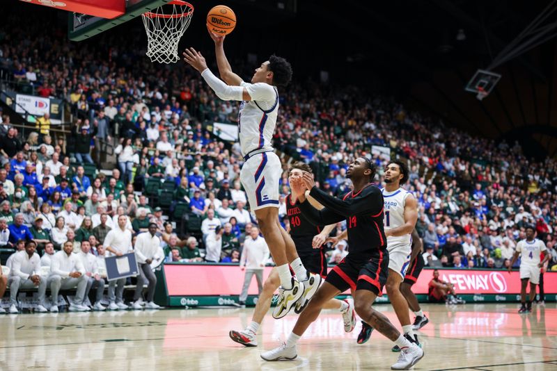 Jan 30, 2024; Fort Collins, Colorado, USA; Colorado State Rams guard Josiah Strong (3) drives to the basket against the San Diego State Aztecs in the 2nd half at Moby Arena. Mandatory Credit: Chet Strange-USA TODAY Sports