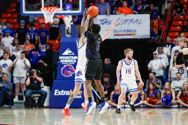 Feb 20, 2024; Boise, Idaho, USA; San Jose State Spartans guard Latrell Davis (6) shoots during the second half against the Boise State Broncos at ExtraMile Arena. Mandatory Credit: Brian Losness-USA TODAY Sports