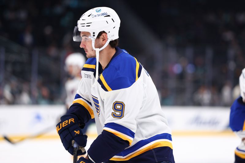 Oct 8, 2024; Seattle, Washington, USA; St. Louis Blues center Alexandre Texier (9) warms up before the game against the Seattle Kraken at Climate Pledge Arena. Mandatory Credit: Caean Couto-Imagn Images