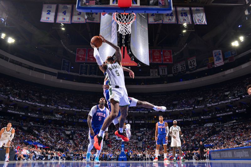 PHILADELPHIA, PA - OCTOBER 23: Gary Trent Jr. #5 of the Milwaukee Bucks drives to the basket during the game against the Philadelphia 76ers on October 23, 2024 at the Wells Fargo Center in Philadelphia, Pennsylvania NOTE TO USER: User expressly acknowledges and agrees that, by downloading and/or using this Photograph, user is consenting to the terms and conditions of the Getty Images License Agreement. Mandatory Copyright Notice: Copyright 2024 NBAE (Photo by Jesse D. Garrabrant/NBAE via Getty Images)