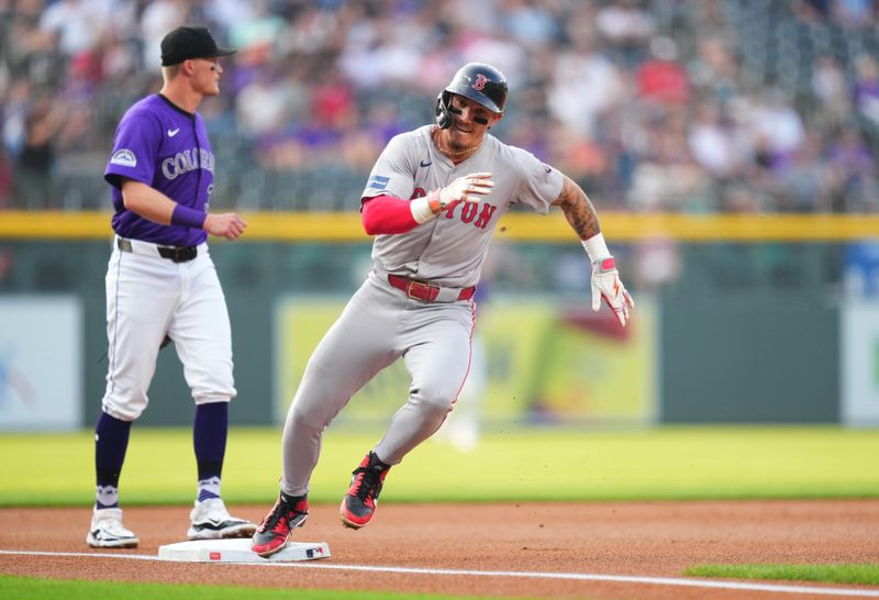 Jul 23, 2024; Denver, Colorado, USA; Boston Red Sox outfielder Jarren Duran (16) heads home to score a run in the first inning against the Colorado Rockies at Coors Field. Mandatory Credit: Ron Chenoy-USA TODAY Sports