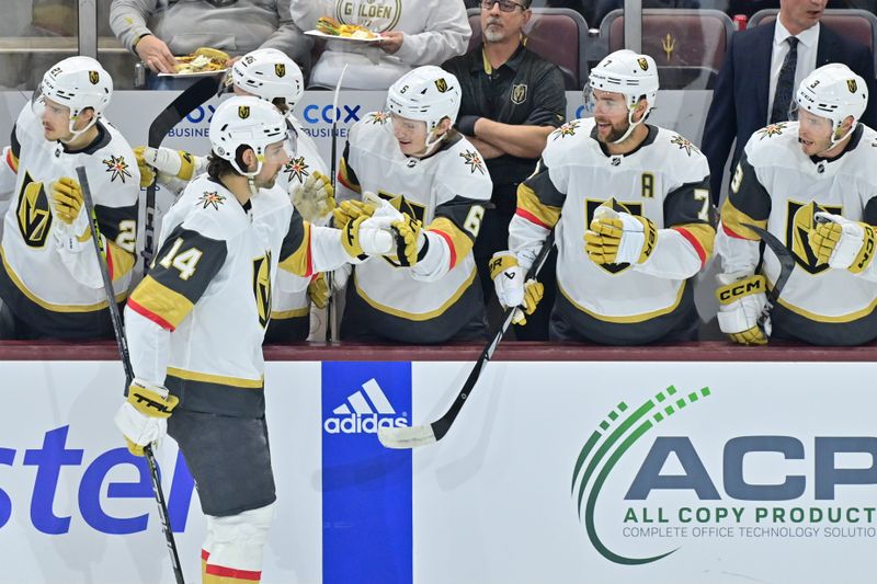 Feb 8, 2024; Tempe, Arizona, USA; Vegas Golden Knights defenseman Nicolas Hague (14) celebrates with teammates after scoring a goal in the first period against the Arizona Coyotes at Mullett Arena. Mandatory Credit: Matt Kartozian-USA TODAY Sports