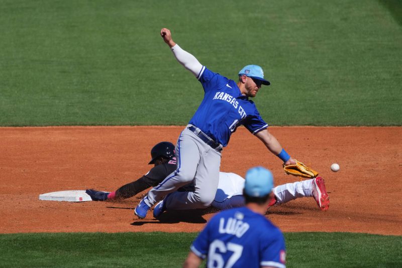 Mar 2, 2024; Goodyear, Arizona, USA; Cleveland Guardians right fielder Estevan Florial (90) beats a throw to Kansas City Royals second baseman Mike Brosseau (15) during the second inning at Goodyear Ballpark. Mandatory Credit: Joe Camporeale-USA TODAY Sports