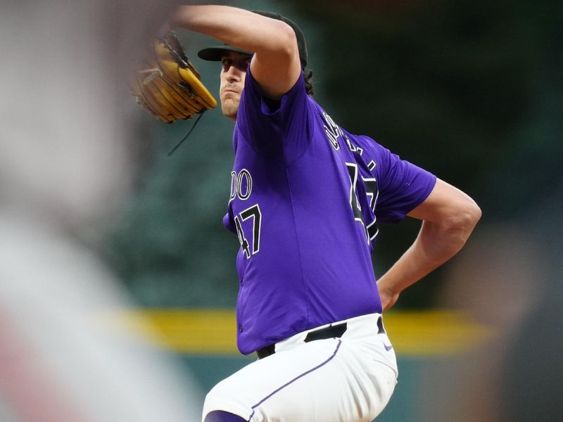 Jul 19, 2024; Denver, Colorado, USA; Colorado Rockies pitcher Cal Quantrill (47) delivers a pitch in the first inning against the San Francisco Giants at Coors Field. Mandatory Credit: Ron Chenoy-USA TODAY Sports