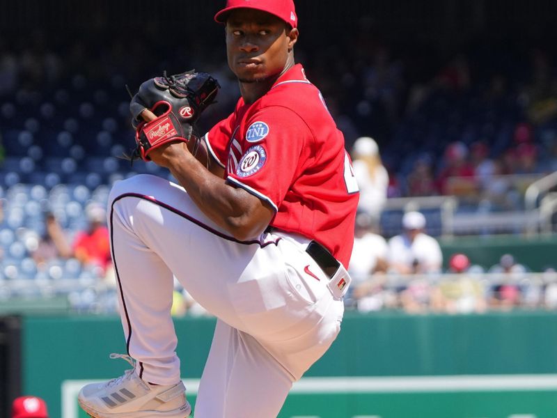 Sep 3, 2023; Washington, District of Columbia, USA;  Washington Nationals pitcher Josiah Gray (40) delivers a pitch against the Miami Marlins during the first inning at Nationals Park. Mandatory Credit: Gregory Fisher-USA TODAY Sports