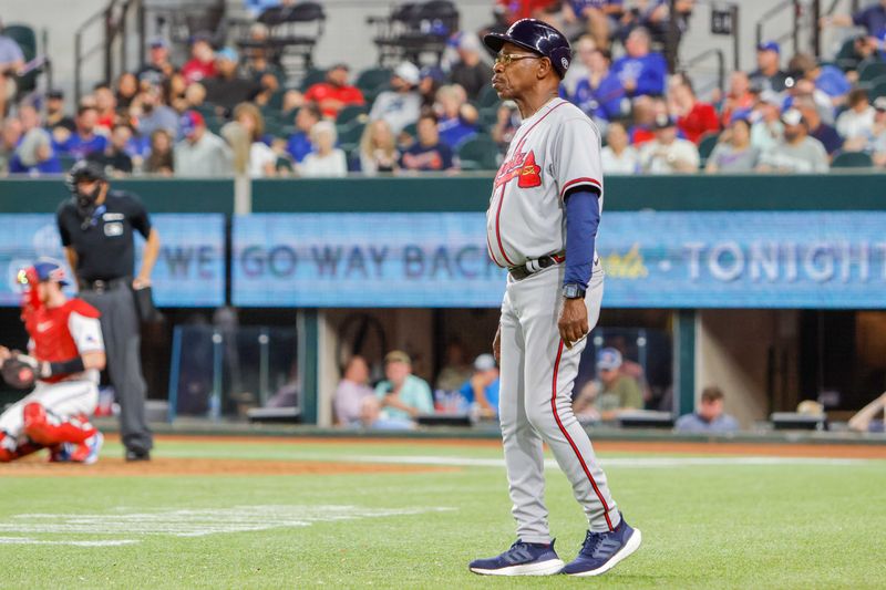 May 15, 2023; Arlington, Texas, USA; Atlanta Braves third base coach Ron Washington (37) looks on between innings against the Texas Rangers at Globe Life Field. Mandatory Credit: Andrew Dieb-USA TODAY Sports