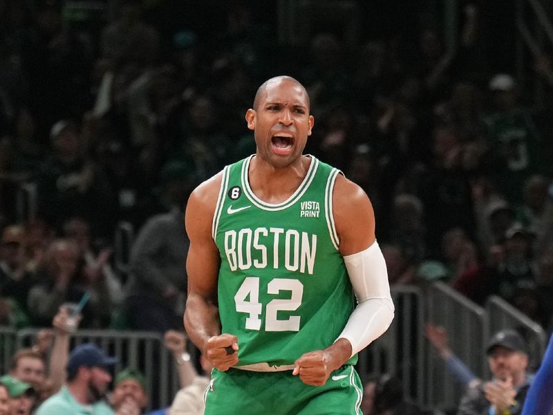 BOSTON, MA - MAY 3: Al Horford #42 of the Boston Celtics celebrates during the game during Round 2 Game 2 of the Eastern Conference Semi-Finals 2023 NBA Playoffs on May 3, 2023 at the TD Garden in Boston, Massachusetts. NOTE TO USER: User expressly acknowledges and agrees that, by downloading and or using this photograph, User is consenting to the terms and conditions of the Getty Images License Agreement. Mandatory Copyright Notice: Copyright 2023 NBAE  (Photo by Jesse D. Garrabrant/NBAE via Getty Images)