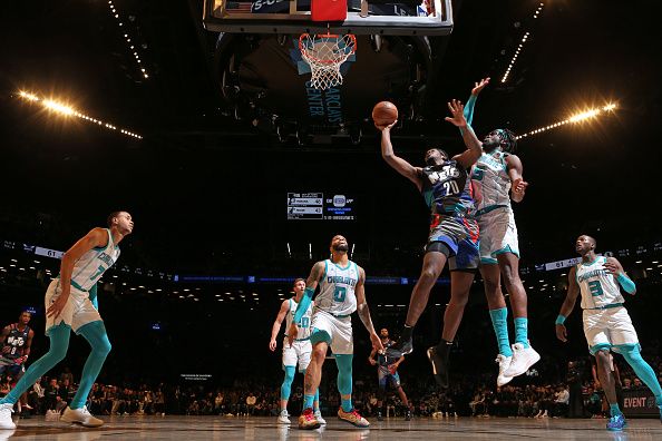 BROOKLYN, NY - NOVEMBER 30: Day'Ron Sharpe #20 of the Brooklyn Nets shoots the ball during the game against the Charlotte Hornets on November 30, 2023 at Barclays Center in Brooklyn, New York. NOTE TO USER: User expressly acknowledges and agrees that, by downloading and or using this Photograph, user is consenting to the terms and conditions of the Getty Images License Agreement. Mandatory Copyright Notice: Copyright 2023 NBAE (Photo by Nathaniel S. Butler/NBAE via Getty Images)