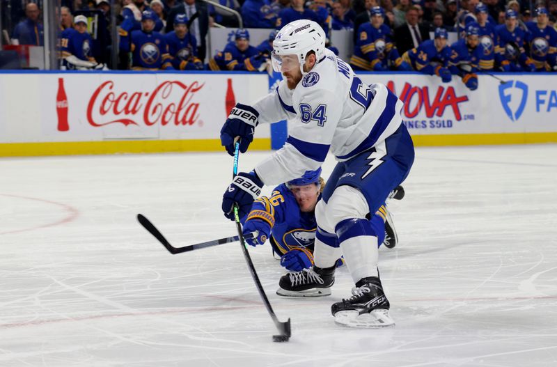 Jan 20, 2024; Buffalo, New York, USA;  Tampa Bay Lightning center Tyler Motte (64) takes a shot on goal and scores during the first period against the Buffalo Sabres at KeyBank Center. Mandatory Credit: Timothy T. Ludwig-USA TODAY Sports