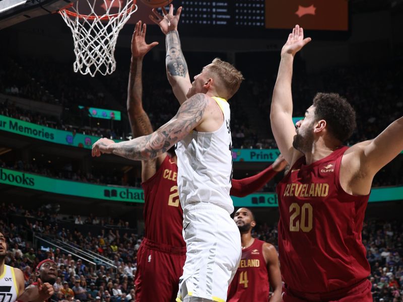 SALT LAKE CITY, UT - APRIL 2: Luka Samanic #19 of the Utah Jazz shoots the ball during the game against the Cleveland Cavaliers on April 2, 2024 at Delta Center in Salt Lake City, Utah. NOTE TO USER: User expressly acknowledges and agrees that, by downloading and or using this Photograph, User is consenting to the terms and conditions of the Getty Images License Agreement. Mandatory Copyright Notice: Copyright 2024 NBAE (Photo by Melissa Majchrzak/NBAE via Getty Images)