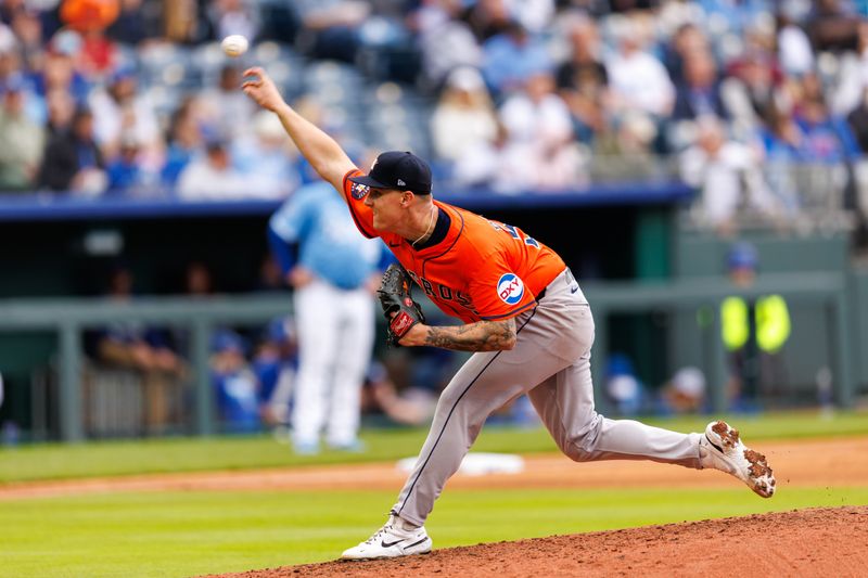 Apr 27, 2025; Kansas City, Missouri, USA; Houston Astros pitcher Hunter Brown (58) pitches during the third inning against the Kansas City Royals at Kauffman Stadium. Mandatory Credit: William Purnell-Imagn Images