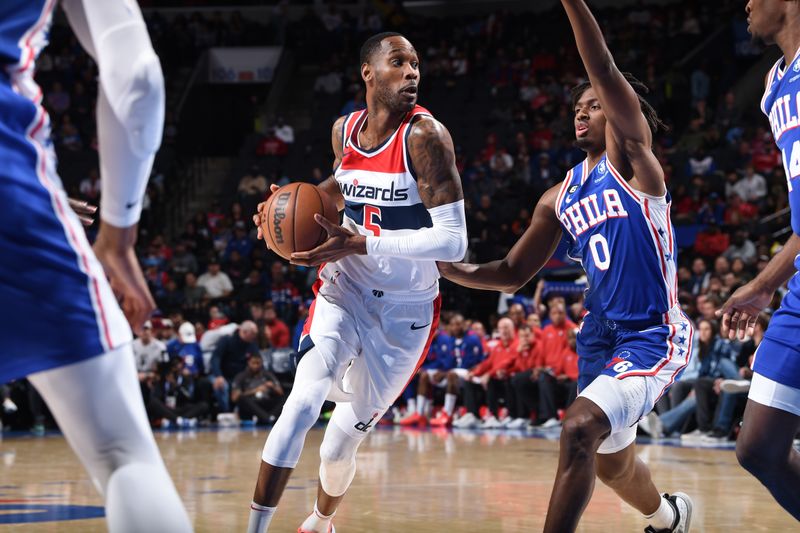 PHILADELPHIA, PA - NOVEMBER 2: Will Barton #5 of the Washington Wizards drives to the basket during the game against the Philadelphia 76ers on November 2, 2022 at the Wells Fargo Center in Philadelphia, Pennsylvania NOTE TO USER: User expressly acknowledges and agrees that, by downloading and/or using this Photograph, user is consenting to the terms and conditions of the Getty Images License Agreement. Mandatory Copyright Notice: Copyright 2022 NBAE (Photo by David Dow/NBAE via Getty Images)