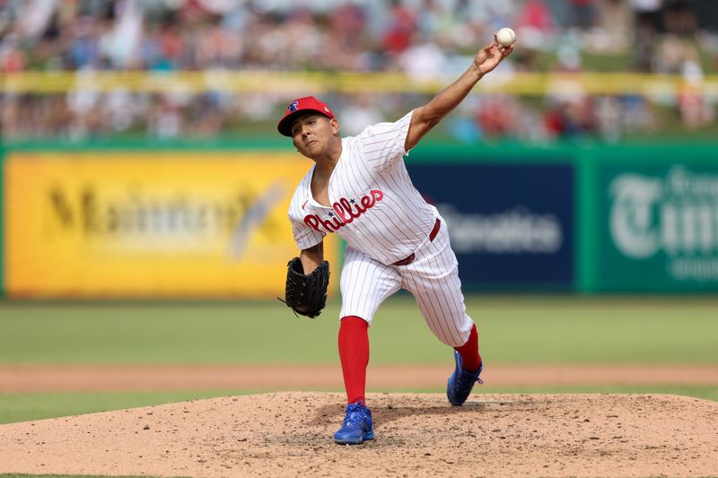 Mar 4, 2025; Clearwater, Florida, USA; Philadelphia Phillies pitcher Ranger Suarez (55) throws a pitch against the New York Yankees in the fifth inning during spring training at BayCare Ballpark. Mandatory Credit: Nathan Ray Seebeck-Imagn Images