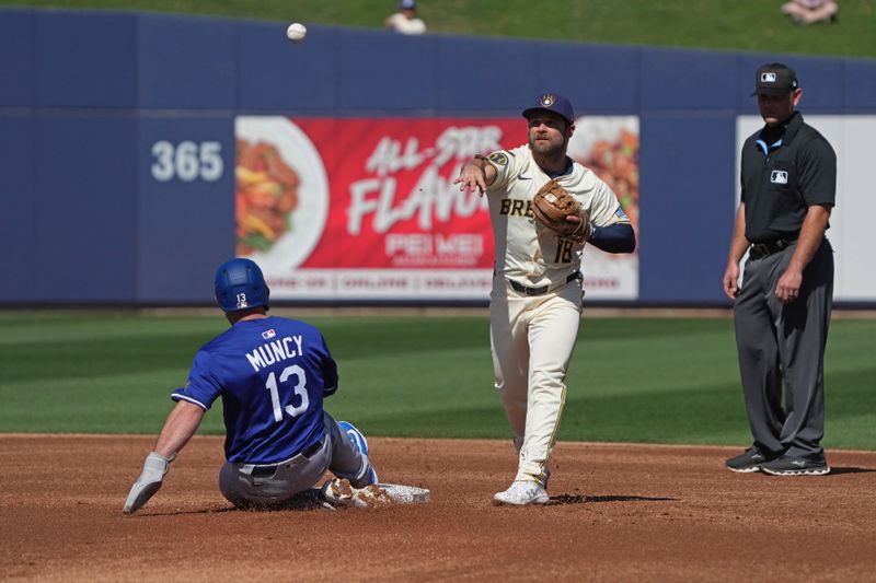 Feb 26, 2025; Phoenix, Arizona, USA; Milwaukee Brewers second base Vinny Capra (18) turns the double play while avoiding Los Angeles Dodgers third base Max Muncy (13) during the first inning at American Family Fields of Phoenix. Mandatory Credit: Rick Scuteri-Imagn Images