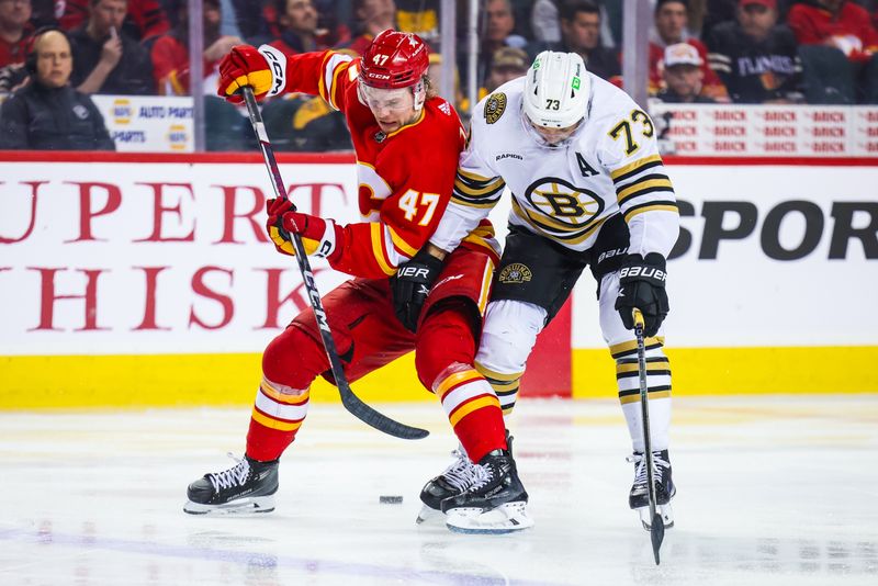 Feb 22, 2024; Calgary, Alberta, CAN; Calgary Flames center Connor Zary (47) and Boston Bruins defenseman Charlie McAvoy (73) battles for the puck during the third period at Scotiabank Saddledome. Mandatory Credit: Sergei Belski-USA TODAY Sports