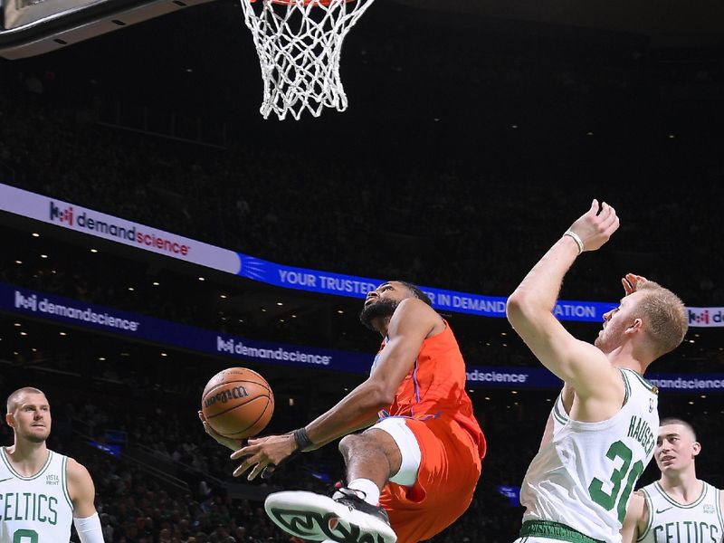 BOSTON, MA - APRIL 3: Isaiah Joe #11 of the Oklahoma City Thunder drives to the basket during the game against the Boston Celtics on April 3, 2024 at the TD Garden in Boston, Massachusetts. NOTE TO USER: User expressly acknowledges and agrees that, by downloading and or using this photograph, User is consenting to the terms and conditions of the Getty Images License Agreement. Mandatory Copyright Notice: Copyright 2024 NBAE  (Photo by Brian Babineau/NBAE via Getty Images)