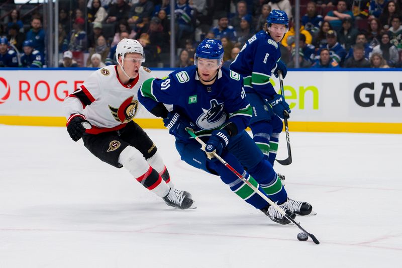 Jan 2, 2024; Vancouver, British Columbia, CAN; Ottawa Senators forward Brady Tkachuk (7) pursues Vancouver Canucks defenseman Nikita Zadorov (91) in the first period at Rogers Arena. Mandatory Credit: Bob Frid-USA TODAY Sports