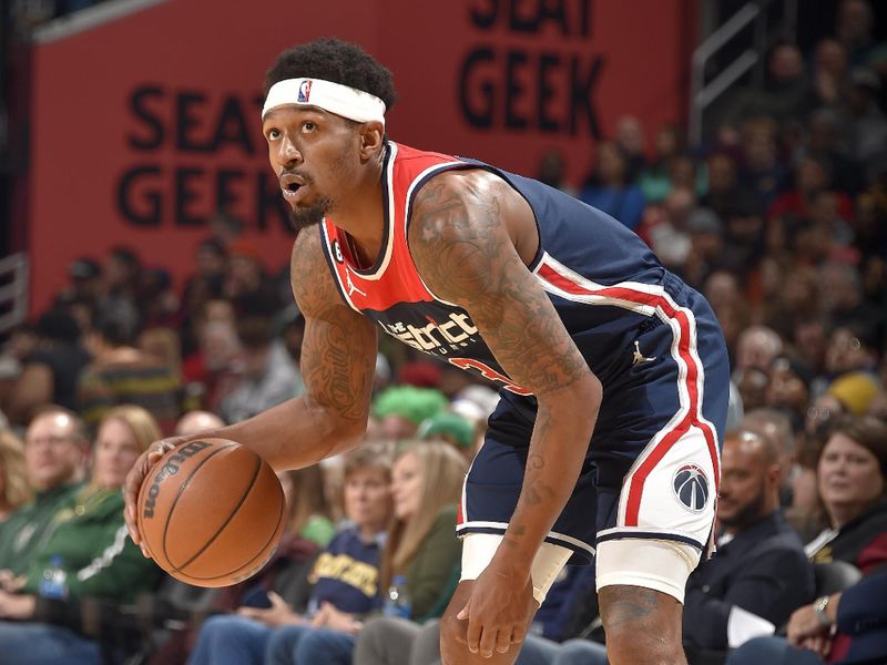 CLEVELAND, OH - MARCH 17: Bradley Beal #3 of the Washington Wizards handles the ball during the game against the Cleveland Cavaliers on March 17, 2023 at Rocket Mortgage FieldHouse in Cleveland, Ohio. NOTE TO USER: User expressly acknowledges and agrees that, by downloading and/or using this Photograph, user is consenting to the terms and conditions of the Getty Images License Agreement. Mandatory Copyright Notice: Copyright 2023 NBAE (Photo by David Liam Kyle/NBAE via Getty Images)