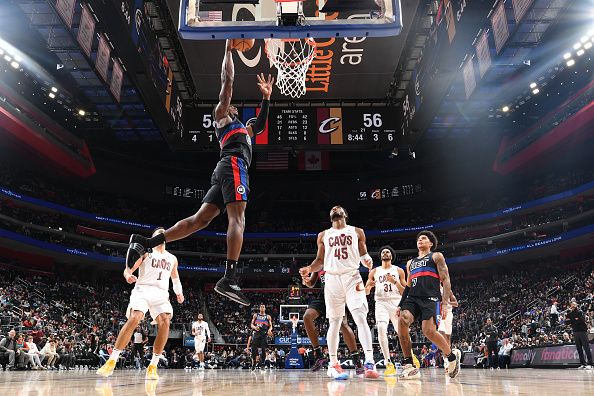 DETROIT, MI - DECEMBER 2: Jalen Duren #0 of the Detroit Pistons goes to the basket during the game on December 2, 2023 at Little Caesars Arena in Detroit, Michigan. NOTE TO USER: User expressly acknowledges and agrees that, by downloading and/or using this photograph, User is consenting to the terms and conditions of the Getty Images License Agreement. Mandatory Copyright Notice: Copyright 2023 NBAE (Photo by Chris Schwegler/NBAE via Getty Images)