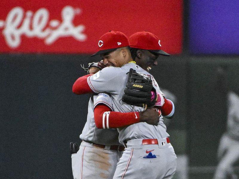 Sep 29, 2023; St. Louis, Missouri, USA;  Cincinnati Reds shortstop Elly De La Cruz (44) and third baseman Noelvi Marte (16) celebrate after the Reds defeated the St. Louis Cardinals at Busch Stadium. Mandatory Credit: Jeff Curry-USA TODAY Sports