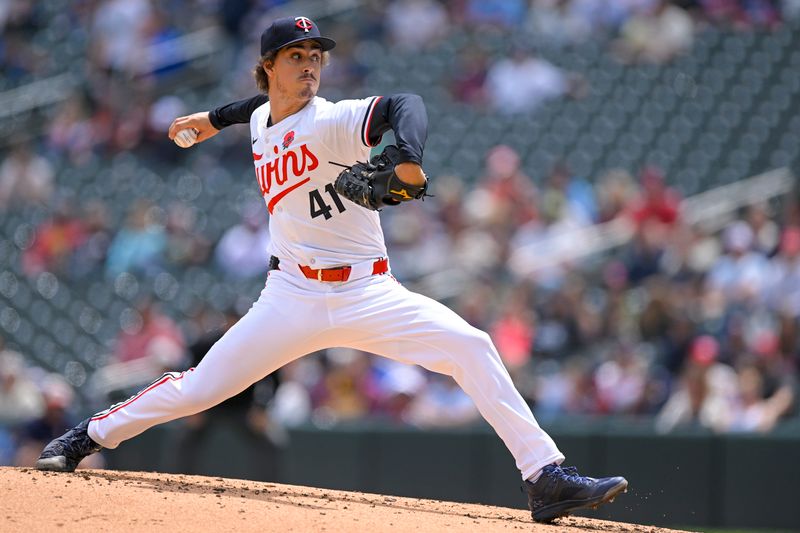 May 27, 2024; Minneapolis, Minnesota, USA;  Minnesota Twins starting pitcher Joe Ryan (41) delivers a pitch against the Kansas City Royals during the third inning at Target Field. Mandatory Credit: Nick Wosika-USA TODAY Sports