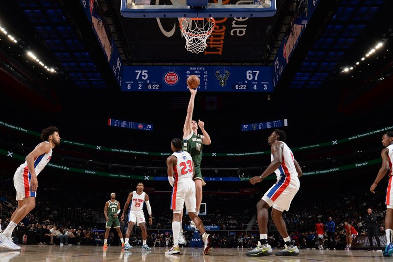 DETROIT, MI - OCTOBER 6: Anzejs Pasecniks #18 of the Milwaukee Bucks drives to the basket during the game against the Milwaukee Bucks during a NBA preseason game on October 6, 2024 at Little Caesars Arena in Detroit, Michigan. NOTE TO USER: User expressly acknowledges and agrees that, by downloading and/or using this photograph, User is consenting to the terms and conditions of the Getty Images License Agreement. Mandatory Copyright Notice: Copyright 2024 NBAE (Photo by Chris Schwegler/NBAE via Getty Images)